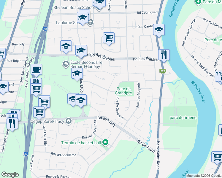 map of restaurants, bars, coffee shops, grocery stores, and more near 12 Rue de la Côte-des-Pins in Sorel-Tracy
