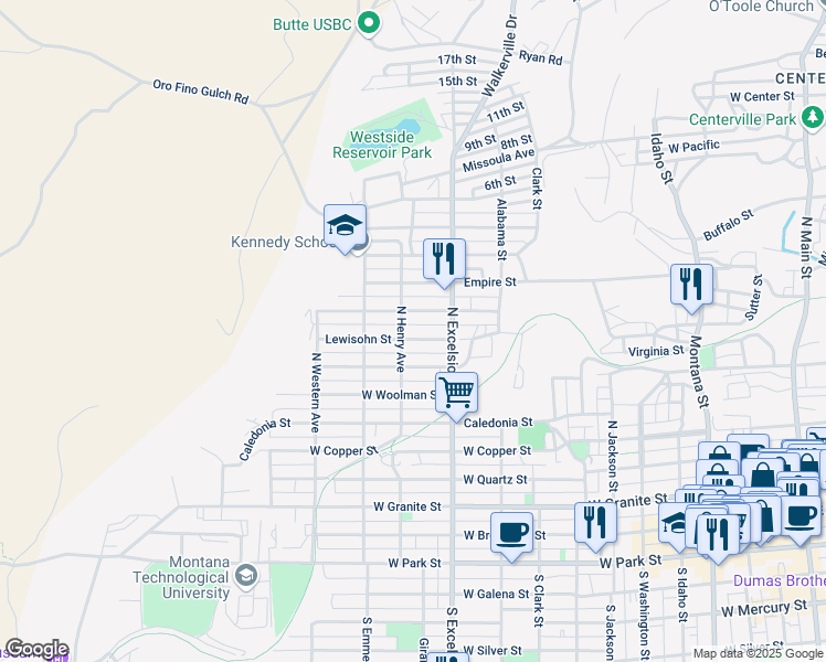 map of restaurants, bars, coffee shops, grocery stores, and more near 941 Lewisohn Street in Butte