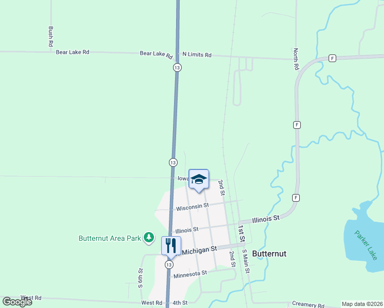 map of restaurants, bars, coffee shops, grocery stores, and more near 416 4th Street in Butternut