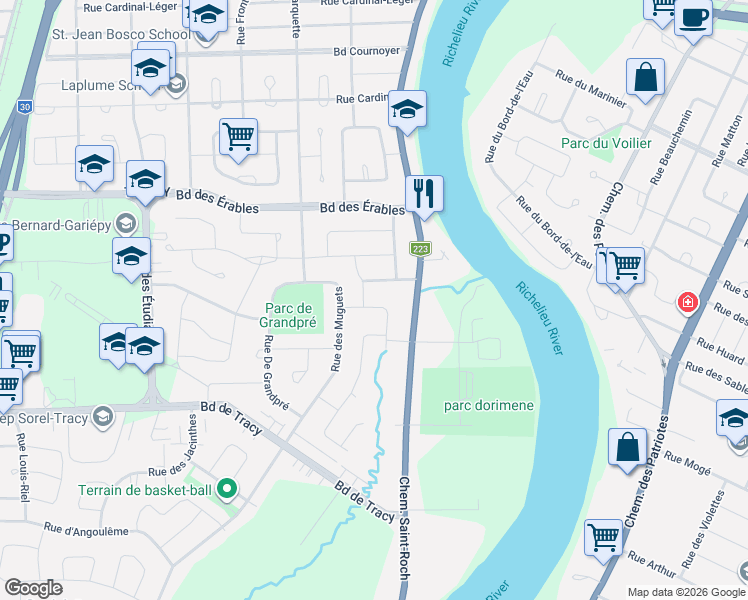 map of restaurants, bars, coffee shops, grocery stores, and more near 6960 Rue des Châtaigniers in Sorel-Tracy