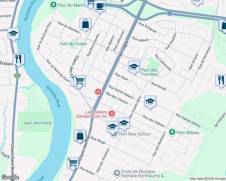 map of restaurants, bars, coffee shops, grocery stores, and more near 160 Rue Sainte-Hélène in Sorel-Tracy