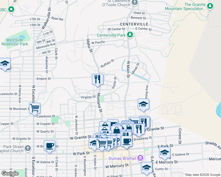 map of restaurants, bars, coffee shops, grocery stores, and more near 130 West Boardman Street in Butte