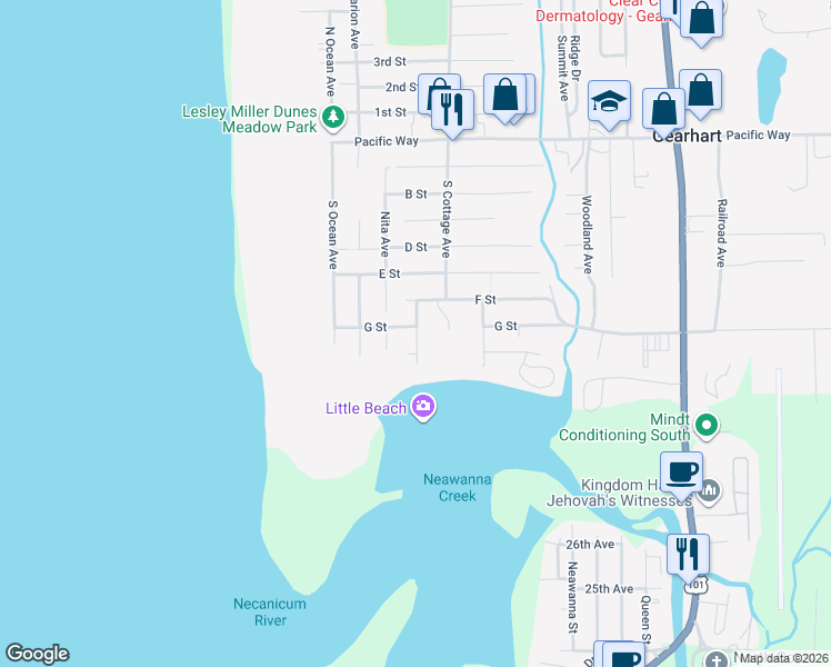 map of restaurants, bars, coffee shops, grocery stores, and more near Wellington Avenue in Gearhart