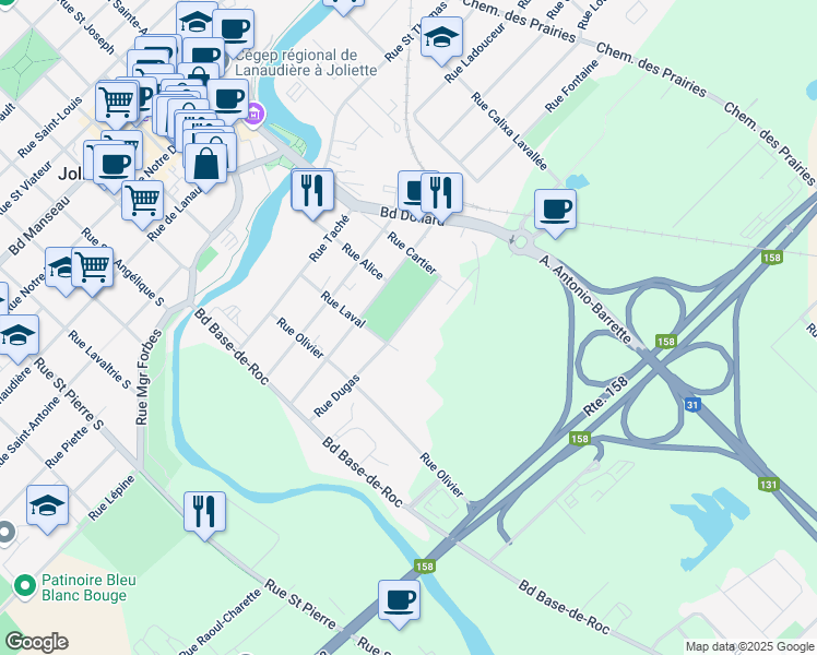 map of restaurants, bars, coffee shops, grocery stores, and more near 289 Rue Dugas in Joliette