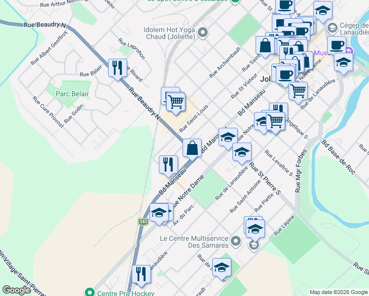 map of restaurants, bars, coffee shops, grocery stores, and more near 53 Rue Beaudry Nord in Joliette