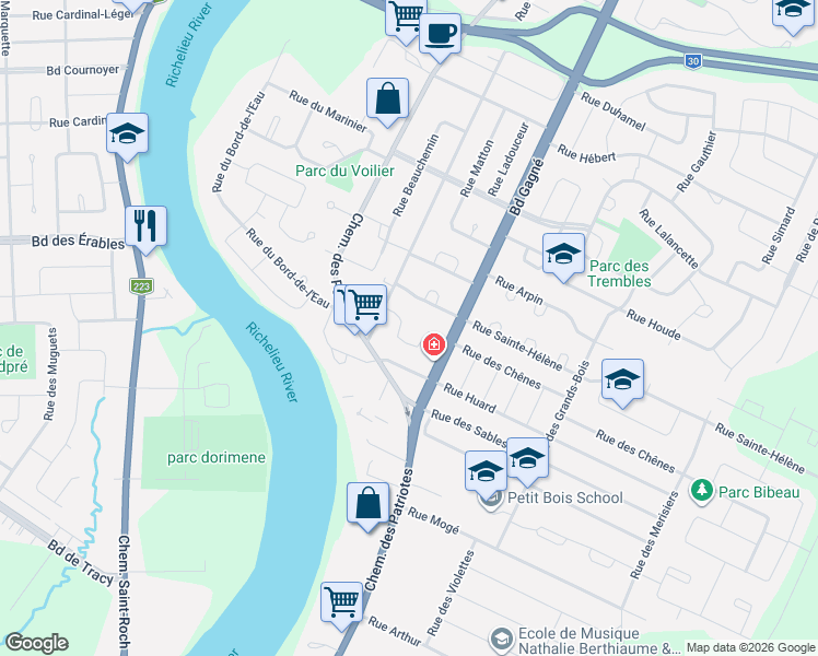 map of restaurants, bars, coffee shops, grocery stores, and more near 11 Rue Desrosiers in Sorel-Tracy