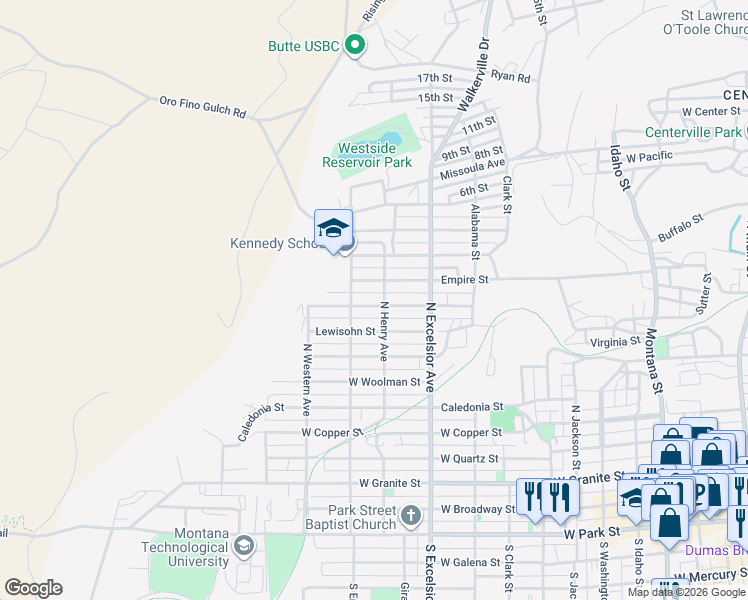map of restaurants, bars, coffee shops, grocery stores, and more near 1007 Waukesha Street in Butte