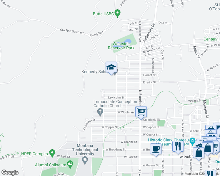 map of restaurants, bars, coffee shops, grocery stores, and more near 1127 Waukesha Street in Butte
