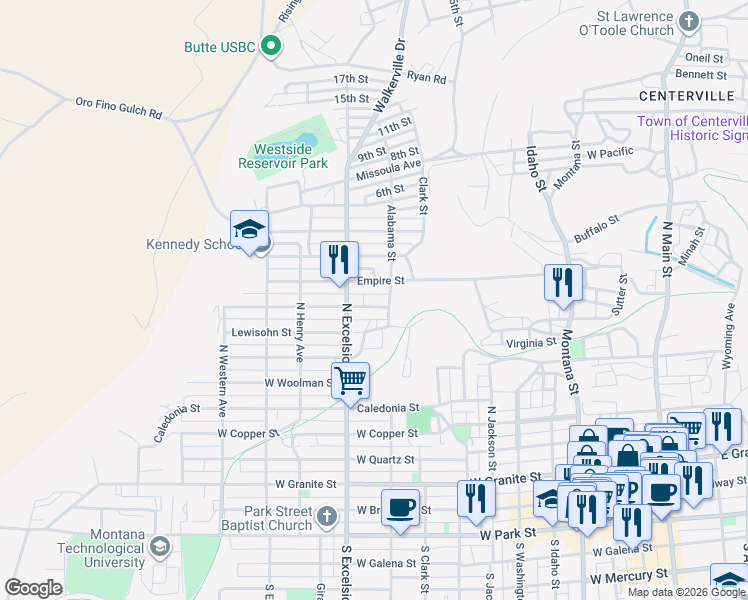 map of restaurants, bars, coffee shops, grocery stores, and more near 814 Empire Street in Butte