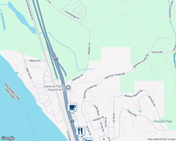 map of restaurants, bars, coffee shops, grocery stores, and more near 5630 Meeker Drive in Kalama