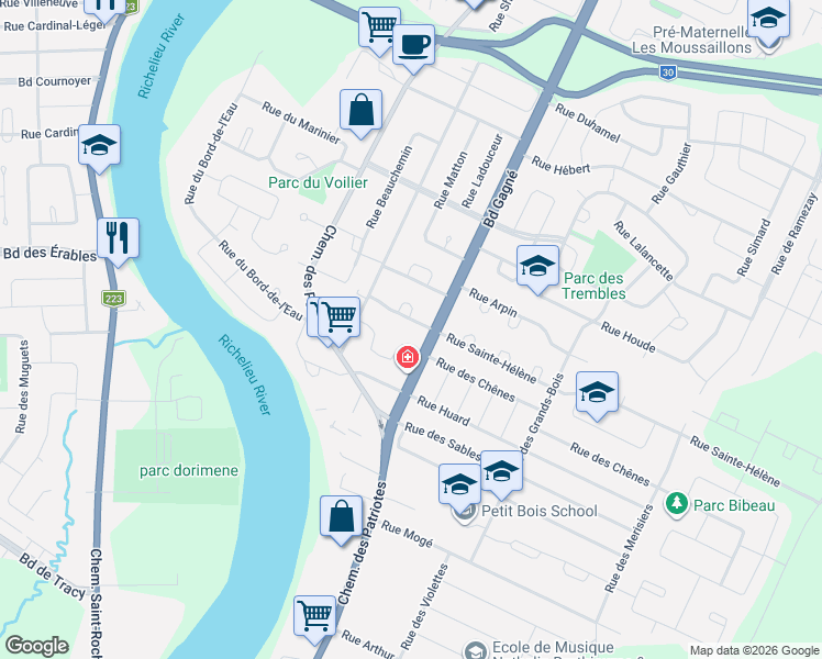map of restaurants, bars, coffee shops, grocery stores, and more near 42 Rue Sainte-Hélène in Sorel-Tracy