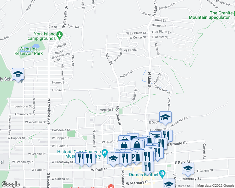 map of restaurants, bars, coffee shops, grocery stores, and more near 725 Montana Street in Butte