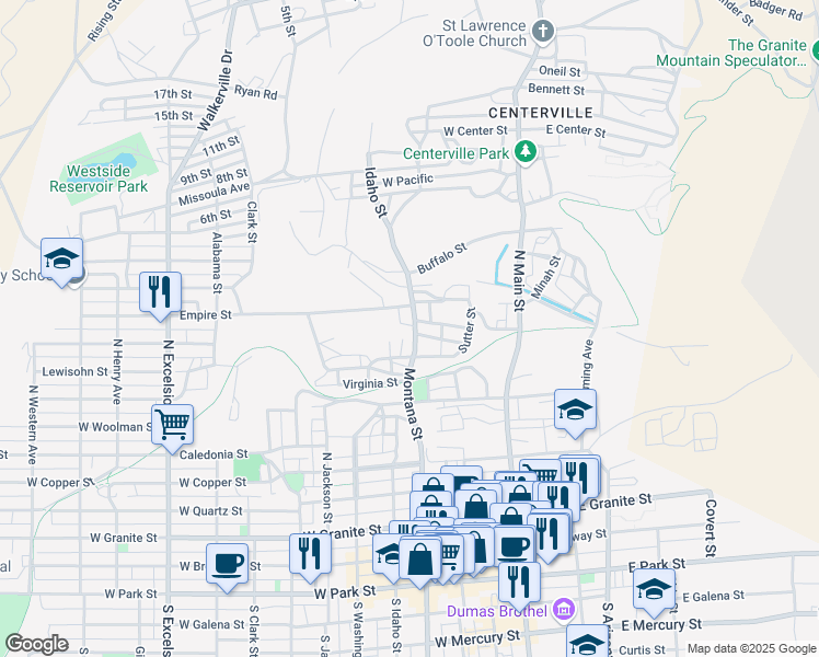 map of restaurants, bars, coffee shops, grocery stores, and more near 725 North Montana Street in Butte