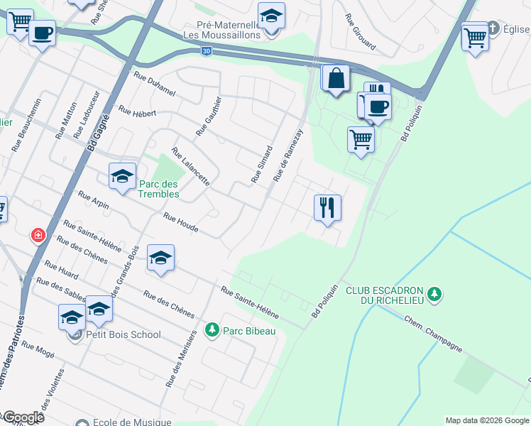 map of restaurants, bars, coffee shops, grocery stores, and more near 705 Rue de Ramezay in Sorel-Tracy