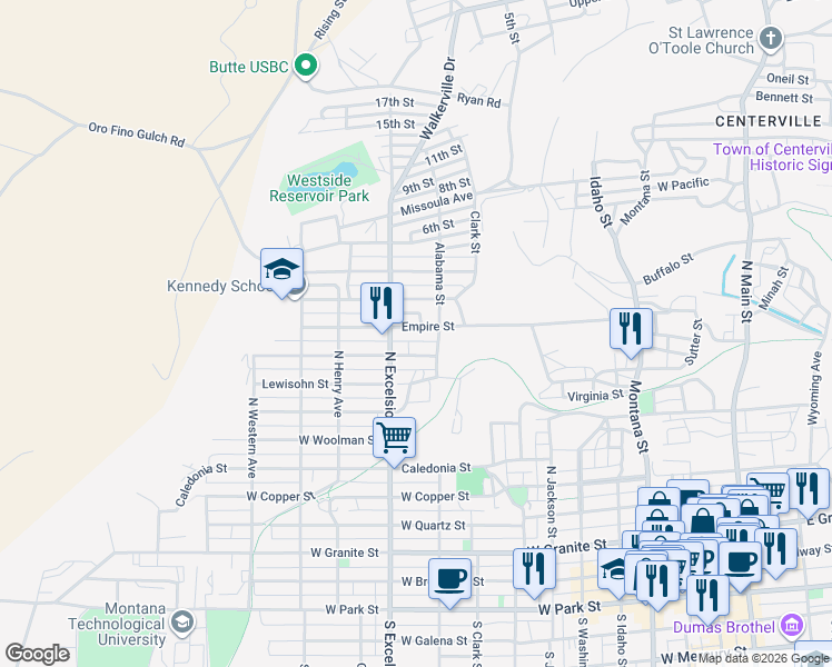 map of restaurants, bars, coffee shops, grocery stores, and more near 814 Empire Street in Butte