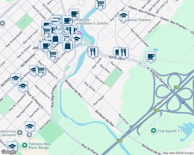 map of restaurants, bars, coffee shops, grocery stores, and more near Rue Marguerite Bourgeoys in Joliette