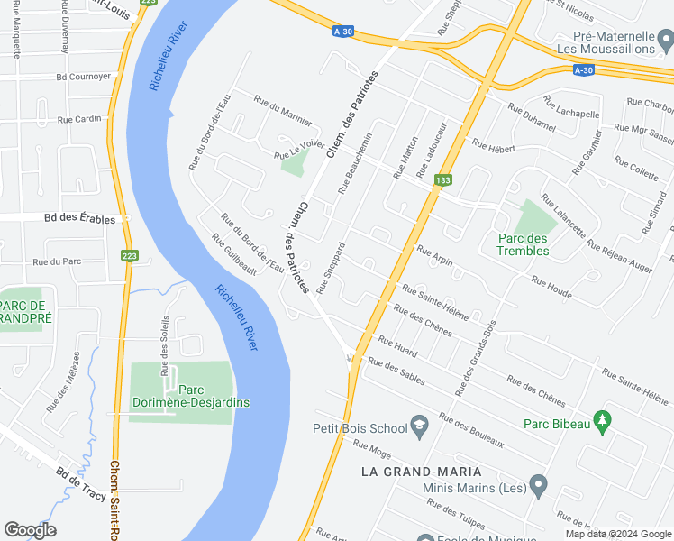 map of restaurants, bars, coffee shops, grocery stores, and more near 295 Rue Sheppard in Sorel-Tracy