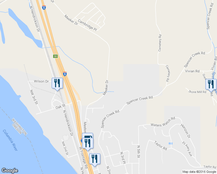 map of restaurants, bars, coffee shops, grocery stores, and more near 5620 Meeker Drive in Kalama