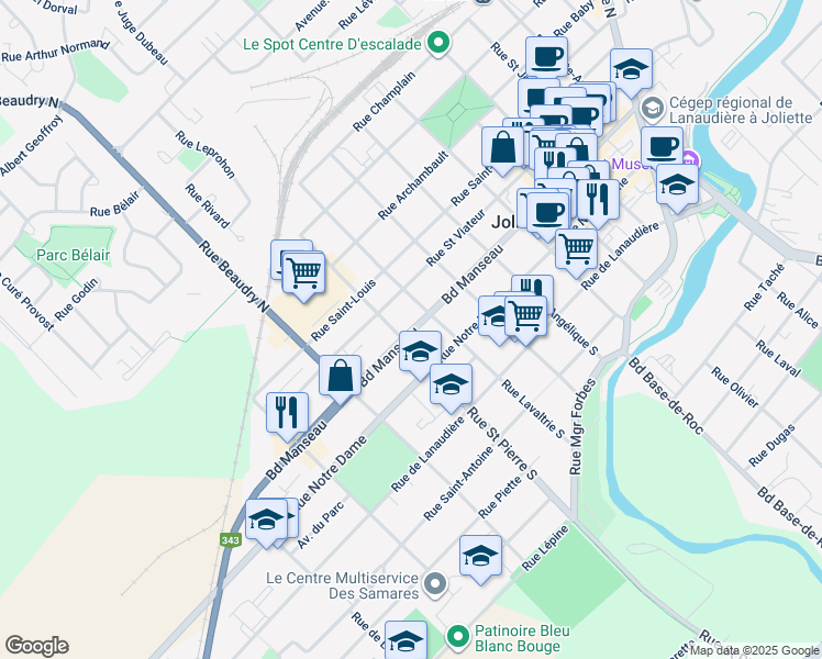 map of restaurants, bars, coffee shops, grocery stores, and more near 900 Boulevard Manseau in Joliette