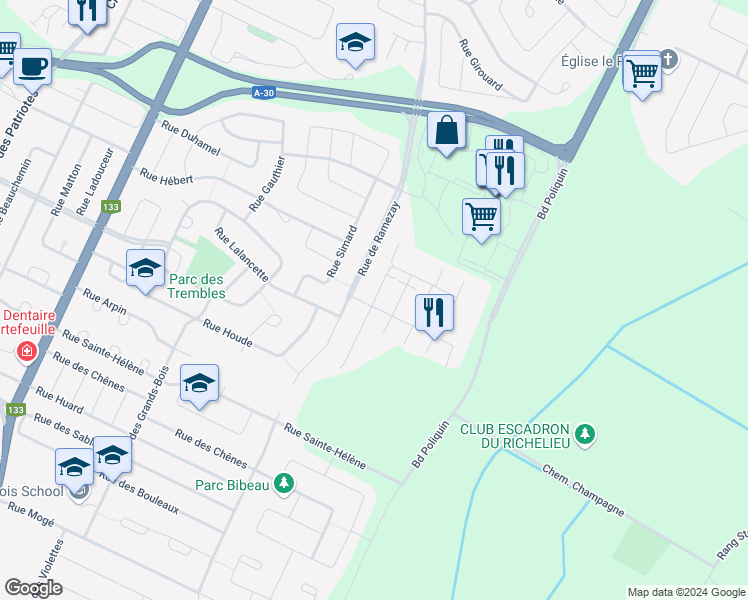map of restaurants, bars, coffee shops, grocery stores, and more near 3 Rue Jean-René-Marcoux in Sorel-Tracy