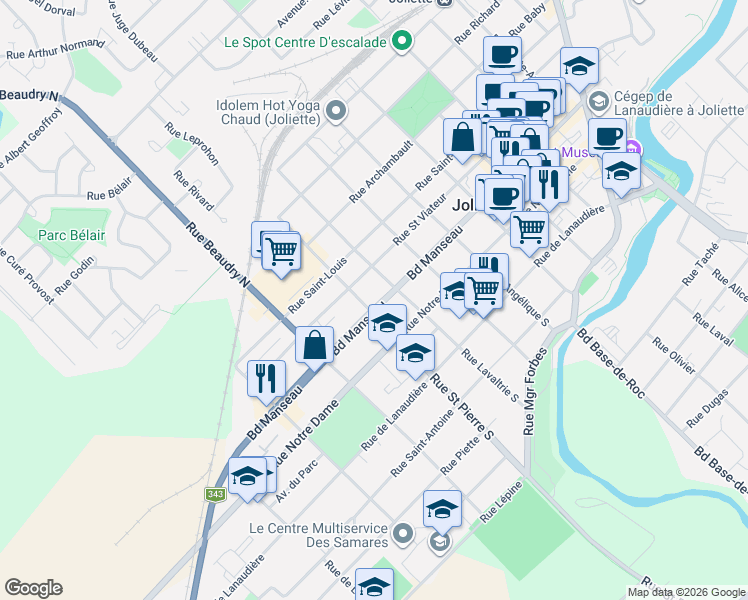 map of restaurants, bars, coffee shops, grocery stores, and more near 900 Boulevard Manseau in Joliette