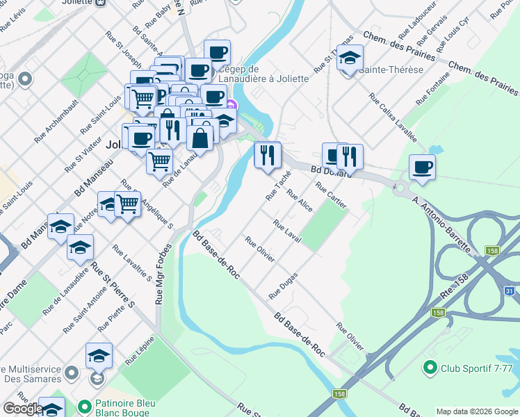map of restaurants, bars, coffee shops, grocery stores, and more near Rue Taché in Joliette