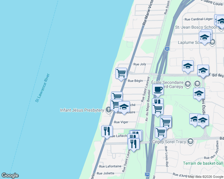 map of restaurants, bars, coffee shops, grocery stores, and more near 3325 Rue Rouleau in Sorel-Tracy