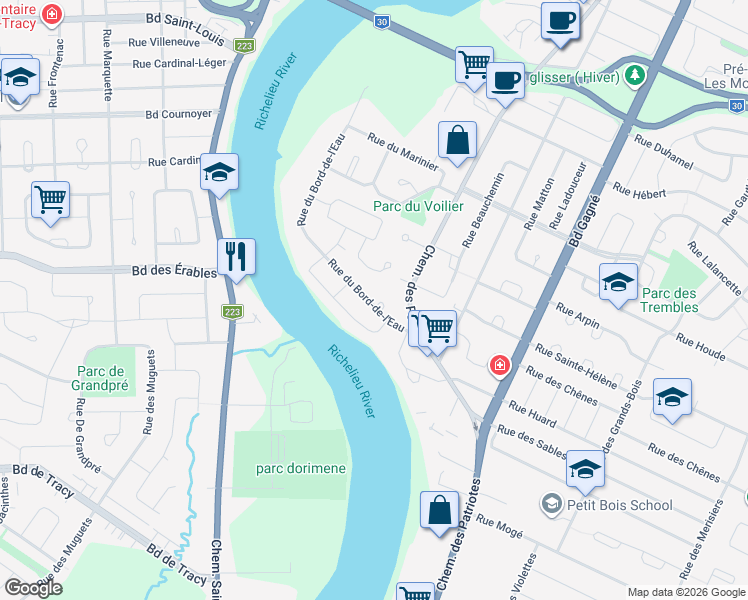 map of restaurants, bars, coffee shops, grocery stores, and more near 373 Rue du Bord de l'Eau in Sorel-Tracy