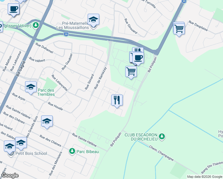 map of restaurants, bars, coffee shops, grocery stores, and more near Rue Jean-René-Marcoux in Sorel-Tracy