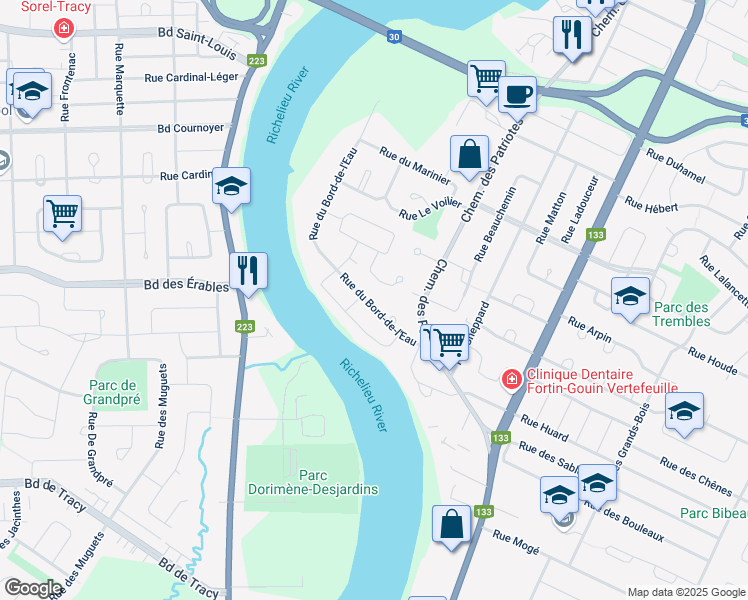 map of restaurants, bars, coffee shops, grocery stores, and more near 367 Rue du Bord de l'Eau in Sorel