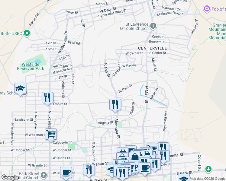map of restaurants, bars, coffee shops, grocery stores, and more near 835 North Montana Street in Butte