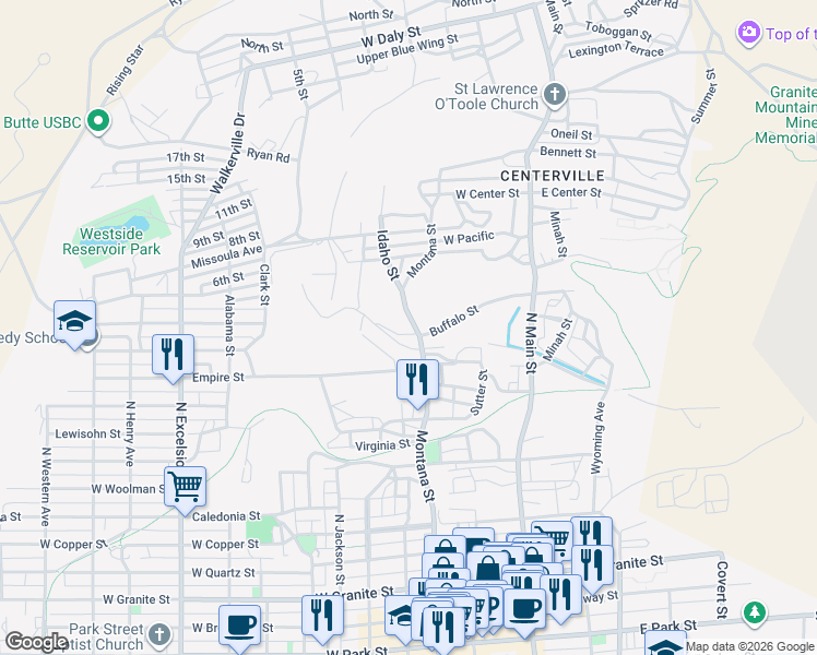 map of restaurants, bars, coffee shops, grocery stores, and more near 835 North Montana Street in Butte