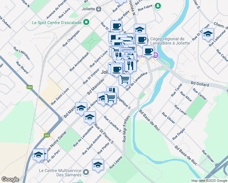 map of restaurants, bars, coffee shops, grocery stores, and more near 126 Rue Sainte Angélique Sud in Joliette
