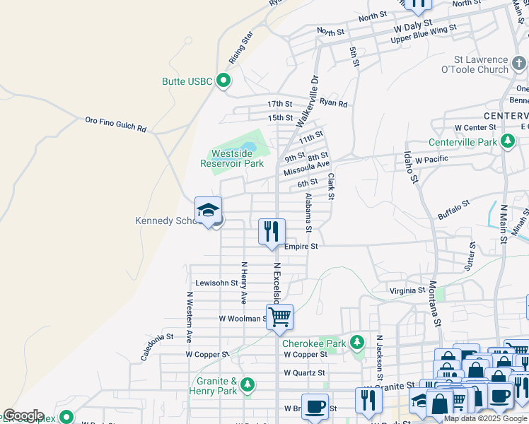 map of restaurants, bars, coffee shops, grocery stores, and more near 1201 North Excelsior Avenue in Butte