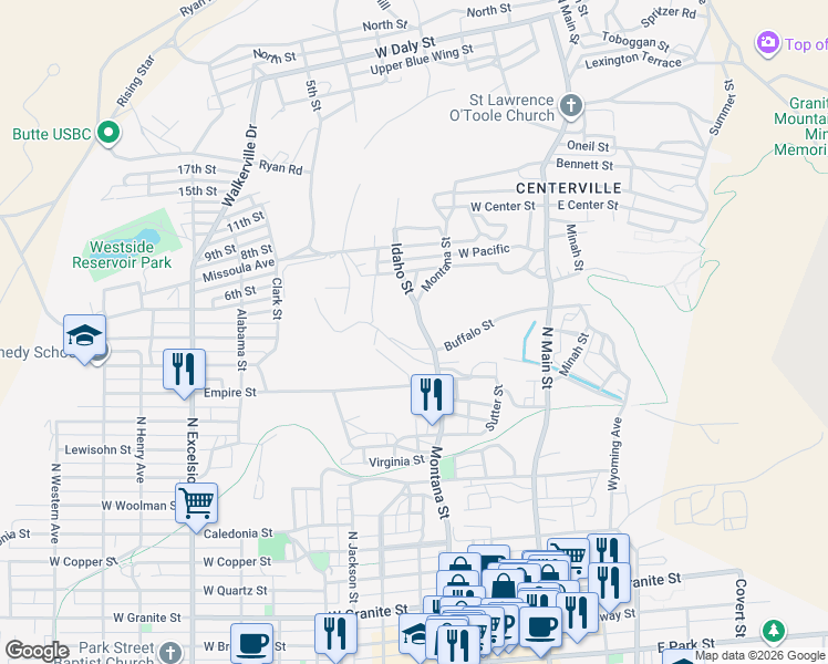 map of restaurants, bars, coffee shops, grocery stores, and more near 835 North Montana Street in Butte