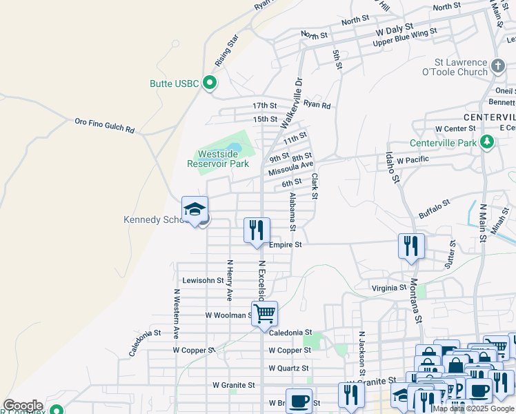 map of restaurants, bars, coffee shops, grocery stores, and more near 1201 North Excelsior Avenue in Butte