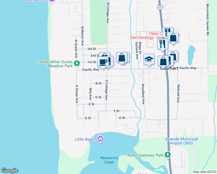 map of restaurants, bars, coffee shops, grocery stores, and more near 656 B Street in Gearhart