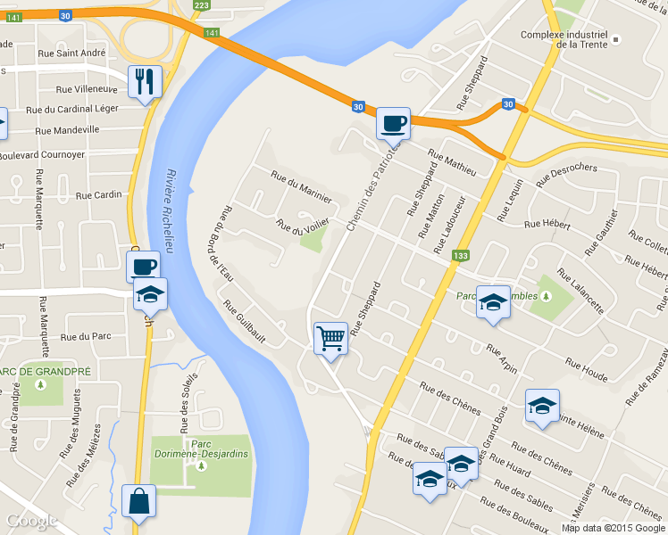 map of restaurants, bars, coffee shops, grocery stores, and more near 281 Chemin des Patriotes in Sorel-Tracy