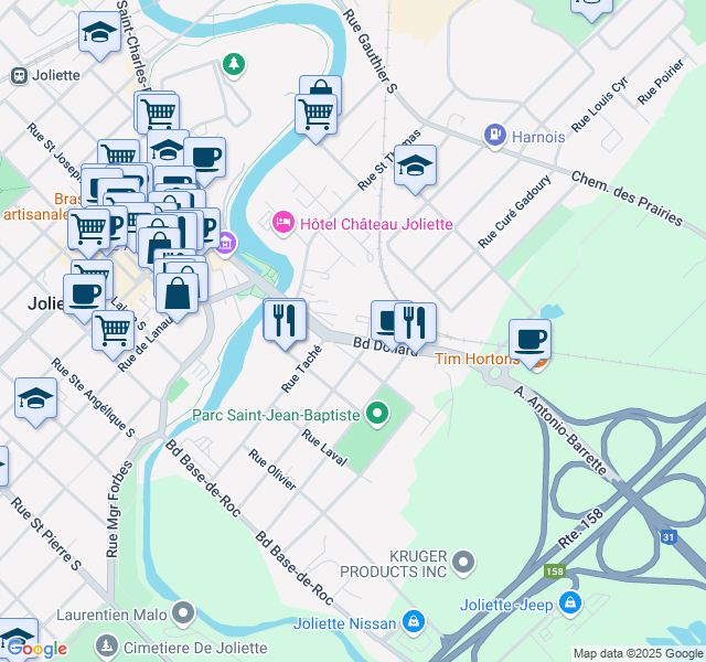 map of restaurants, bars, coffee shops, grocery stores, and more near 300 Boulevard Dollard in Joliette