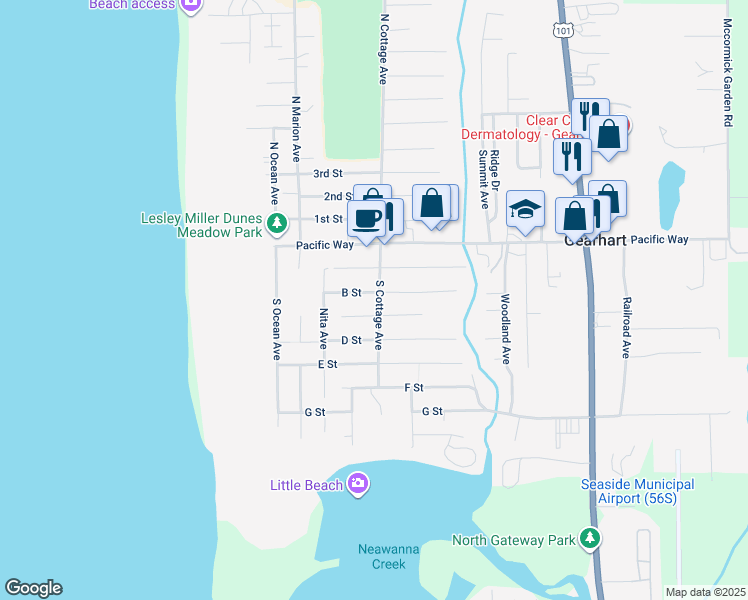 map of restaurants, bars, coffee shops, grocery stores, and more near 172 South Cottage Avenue in Seaside