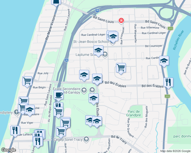 map of restaurants, bars, coffee shops, grocery stores, and more near 2700 Rue Labrie in Sorel-Tracy