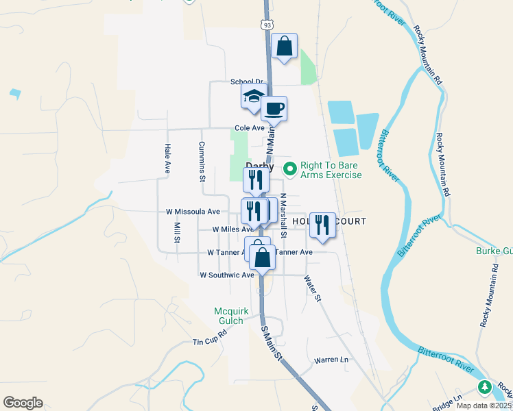 map of restaurants, bars, coffee shops, grocery stores, and more near 307N North Main Street in Darby