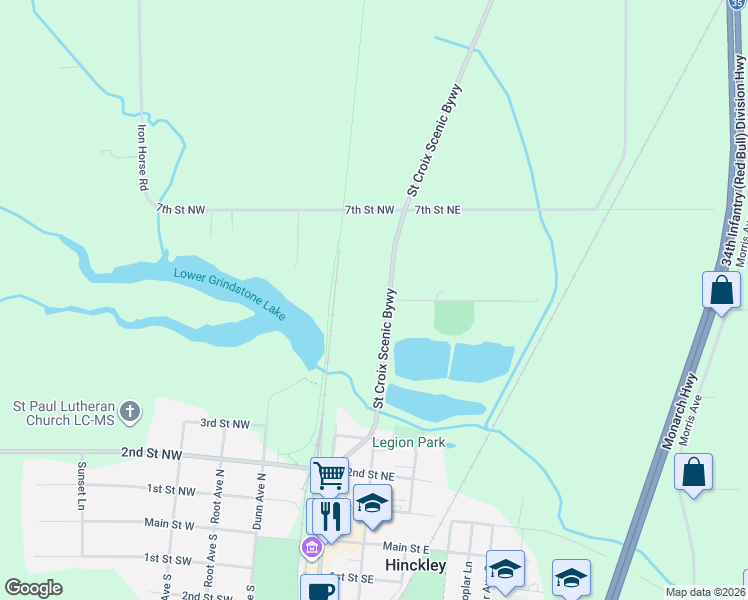 map of restaurants, bars, coffee shops, grocery stores, and more near 509 Old Highway 61 North in Hinckley