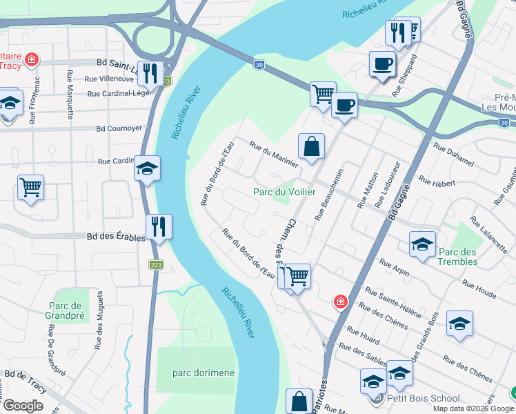 map of restaurants, bars, coffee shops, grocery stores, and more near 87 Rue Jutras in Sorel-Tracy