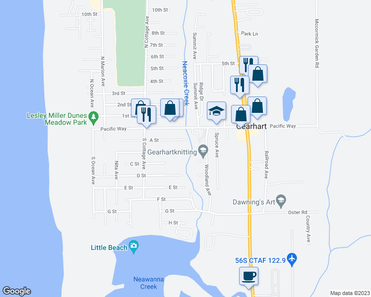 map of restaurants, bars, coffee shops, grocery stores, and more near 799 B Street in Gearhart