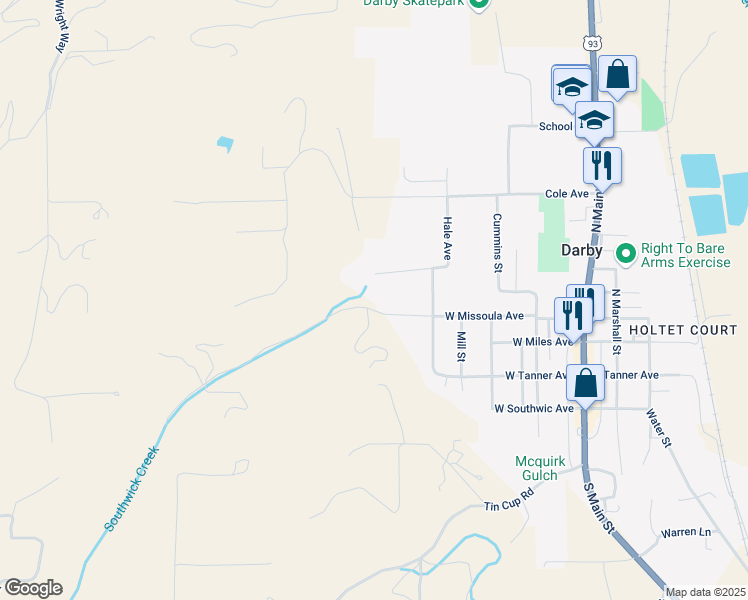 map of restaurants, bars, coffee shops, grocery stores, and more near 500 West Missoula Avenue in Darby