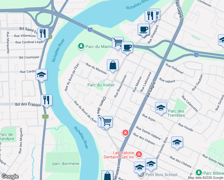 map of restaurants, bars, coffee shops, grocery stores, and more near 271 Chemin des Patriotes in Sorel-Tracy