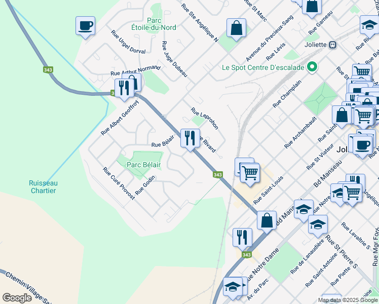 map of restaurants, bars, coffee shops, grocery stores, and more near in Joliette