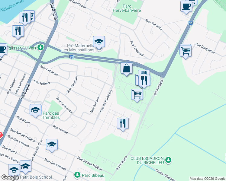 map of restaurants, bars, coffee shops, grocery stores, and more near 557 Rue de Ramezay in Sorel-Tracy