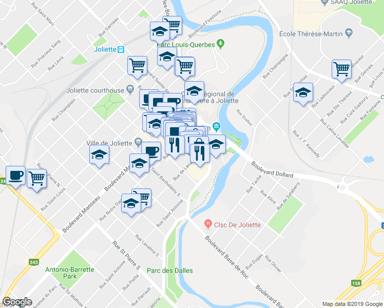 map of restaurants, bars, coffee shops, grocery stores, and more near 159 Rue Saint Paul in Joliette